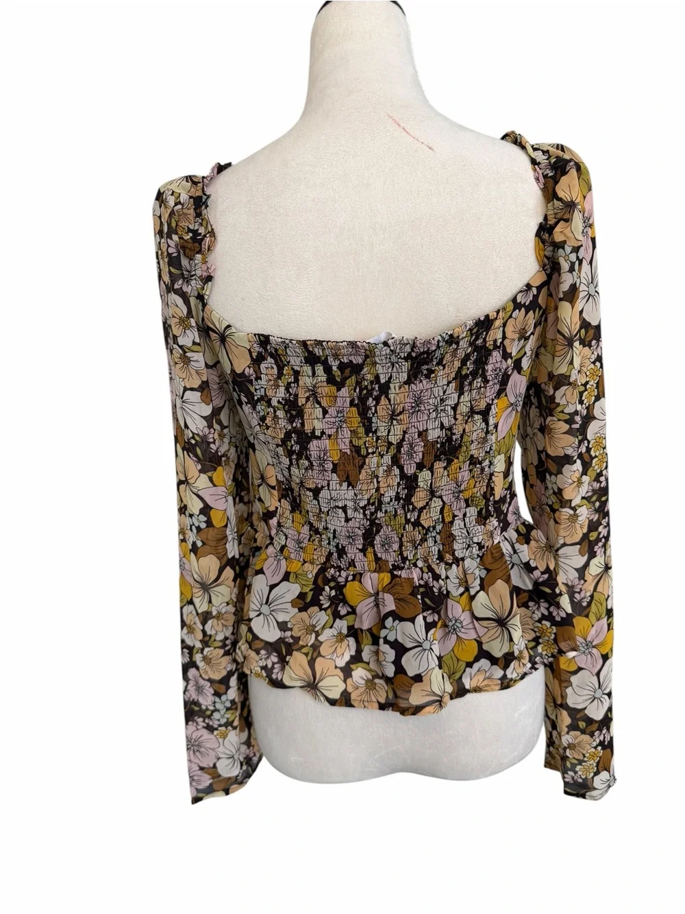 Astr the Label Toni Top Floral Ruched Peplum in Brown, Pink & Yellow